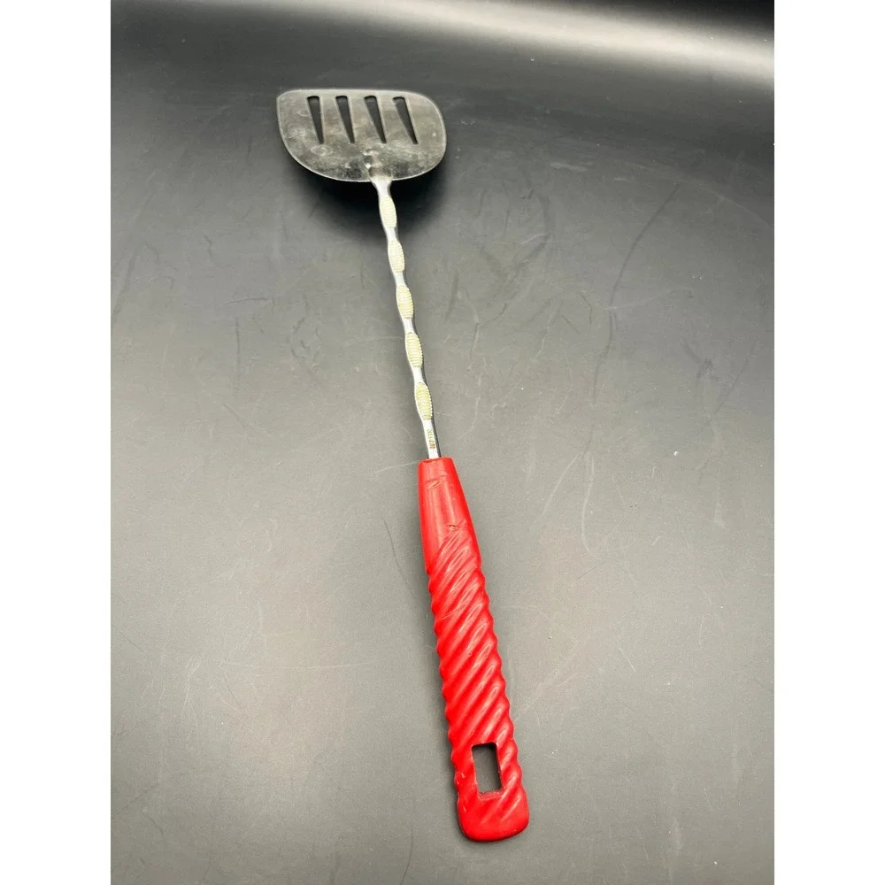 Vtg Kitchen Offset Slotted Spatula Red Handle‎ Stainless Steel Utensil 12